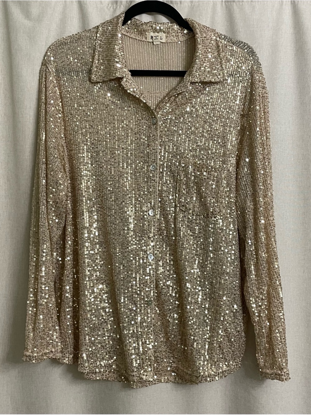 POL Gold Beige Sequin Button Down Shirt Size S Sparkly Party Top